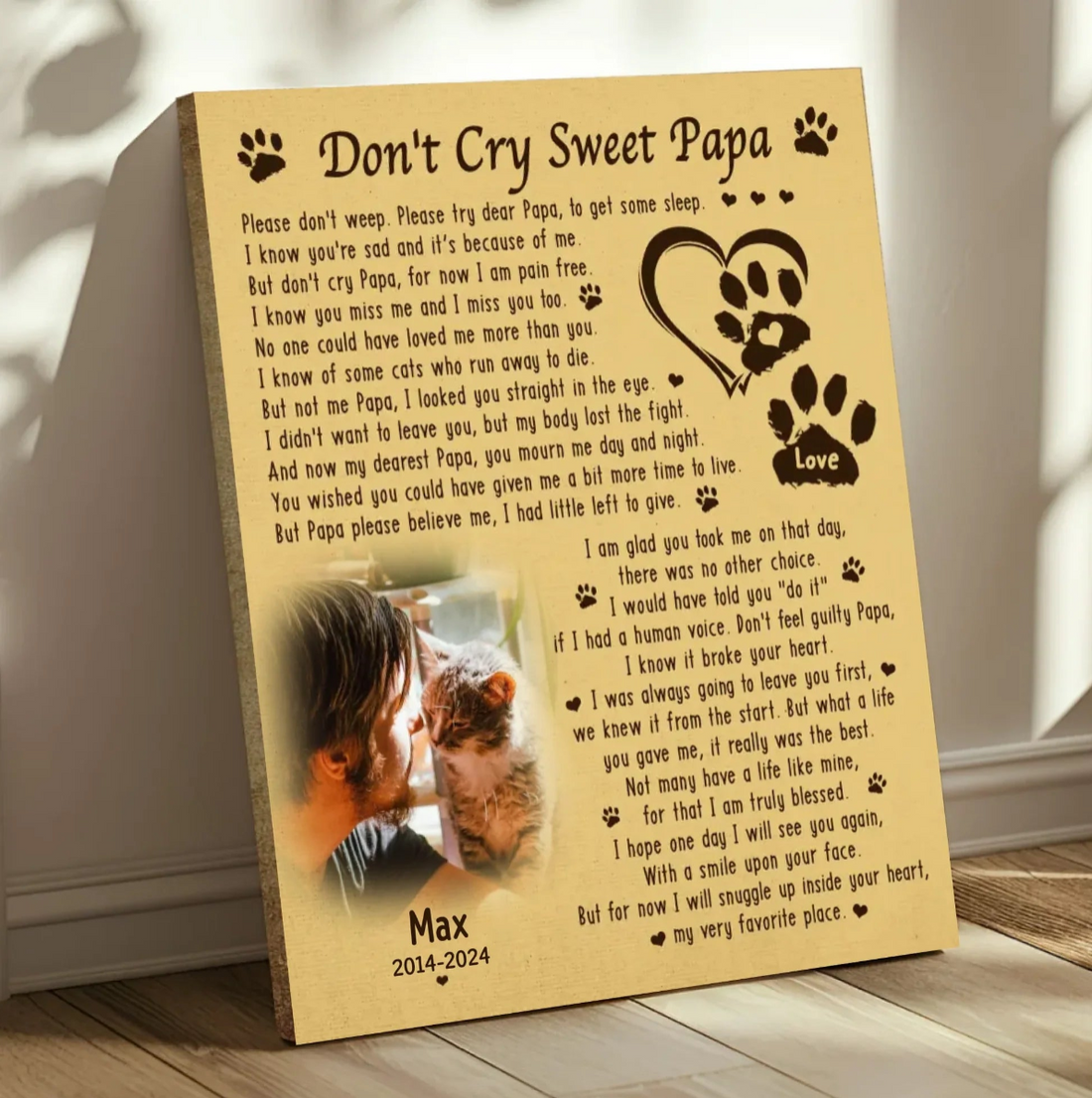Don't Cry Sweet Papa Cat Poem | Custom Cat Memorial Canvas Print | Paw Print